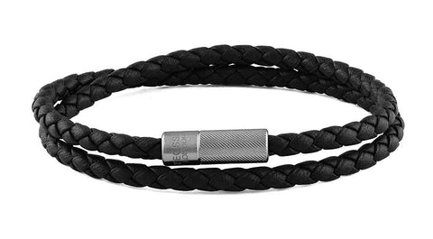 Pop Rigato Armband aus doppelt gewickeltem italienischem schwarzem Leder mit schwarz rhodiniertem Sterlingsilber