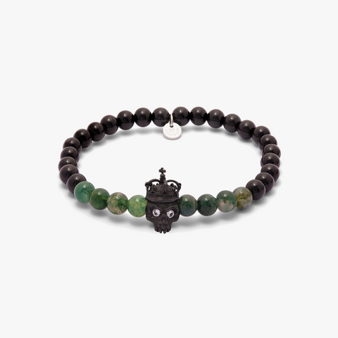 King Skull bracelet with black and moss agate