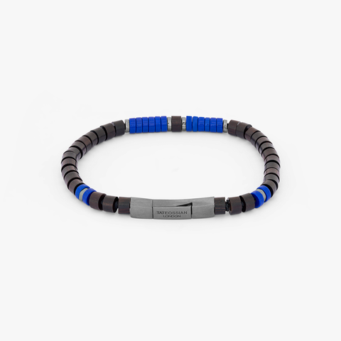 Knotted Fettuccine bracelet in wood bead & lapis