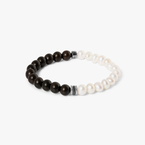 Gear Trio Semi - Precious Bracelet In Ruthenium Plated Silver With Wood Beads & White Pearls