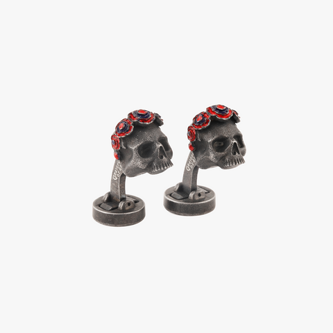 GRATEFUL DEAD Black IP Plated Stainless Steel Gothic Roses Skull Cufflinks