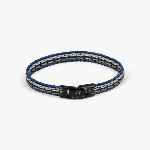 Tessellate Bracelet In Black IP Plated Stainless Steel With Blue Leather