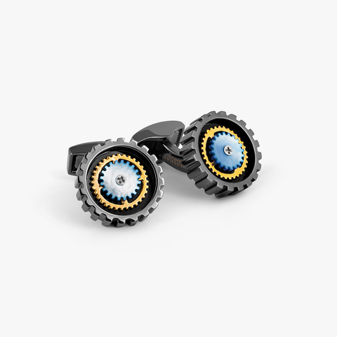 Rotare Gear Cufflinks In Gunmetal Plated Base Metal With Blue Mother Of Pearl