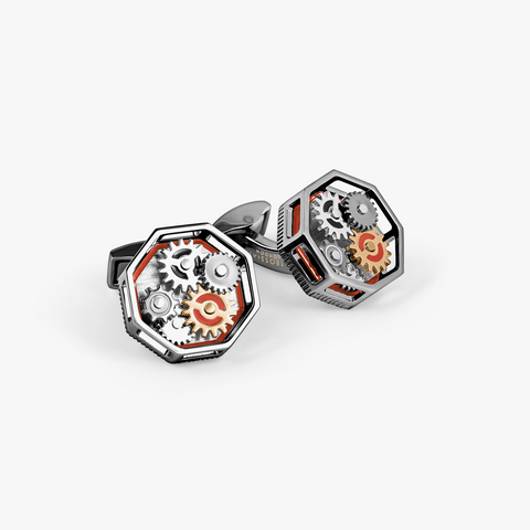 Octo Gear Cufflinks In Gunmetal Plated Base Metal With Red Enamel
