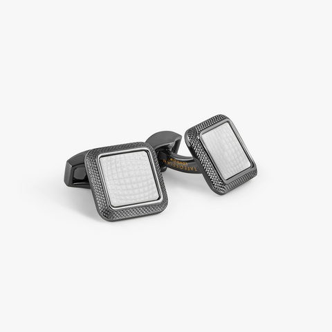 Spazio Square Semi Precious Cufflinks In Gunmetal Plated Base Metal With White Mother Of Pearl