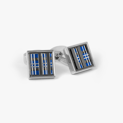 Prince of Wales Tweed Cufflinks In Gunmetal Plated Base Metal With Blue Enamel