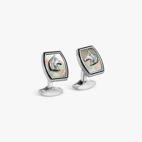 Tonneau Ascot Horse Cufflinks In Palladium Plated Base Metal With Black Mother Of Pearl