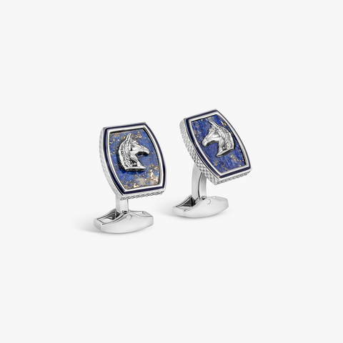 Tonneau Ascot Horse Cufflinks In Palladium Plated Base Metal With Lapis
