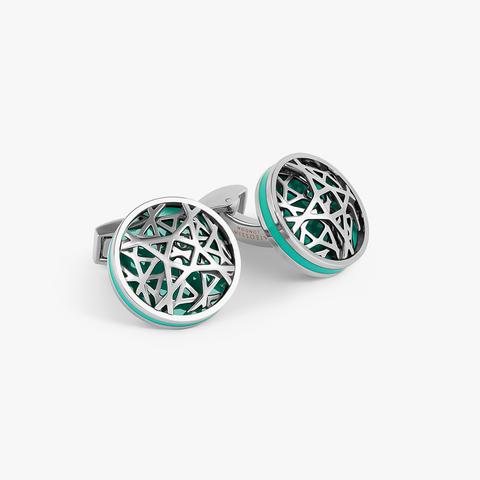 Dome Cutwork Cufflinks In Palladium Plated Base Metal With Turquoise Enamel