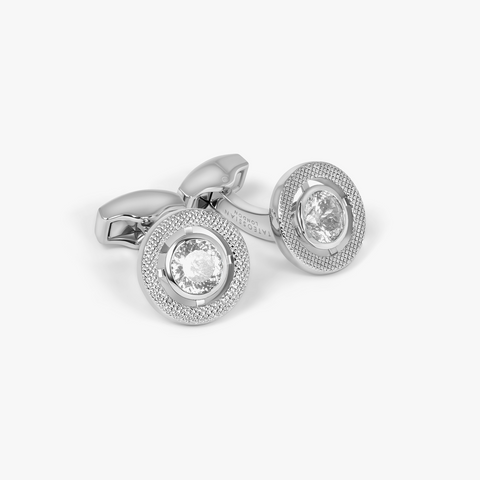 Halo round Cubic Zirconia Cufflinks In Rhodium Plated