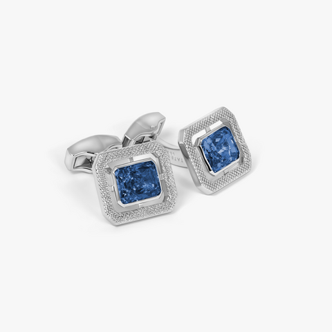Halo rectangle Blue Cubic Zirconia Cufflinks In Rhodium Plated