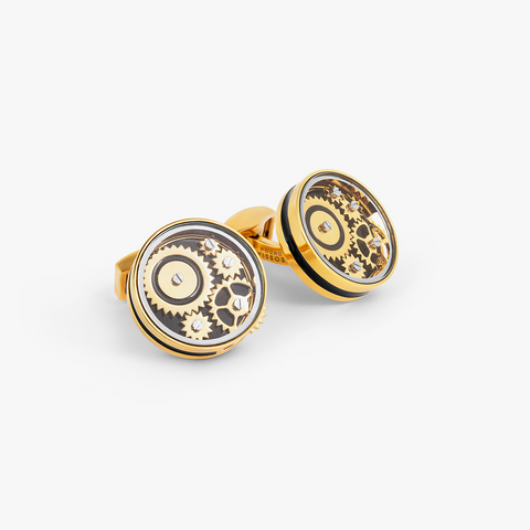 Carousel Gear Cufflinks In Yellow Gold Plated Base Metal With Black Enamel