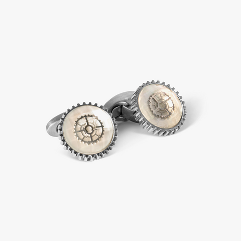 Titanium Quartz Glass Gear Cufflink in White MOP