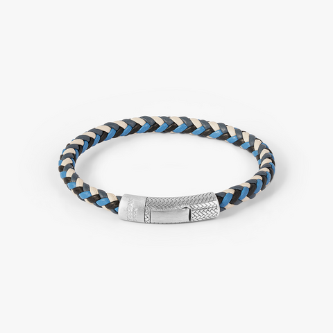 Herringbone Click Multi Pelle Bracelet In Rhodium Plated Sterling Silver With Blue Leather