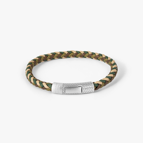Herringbone Click Multi Pelle Bracelet In Rhodium Plated Sterling Silver With Khaki Leather