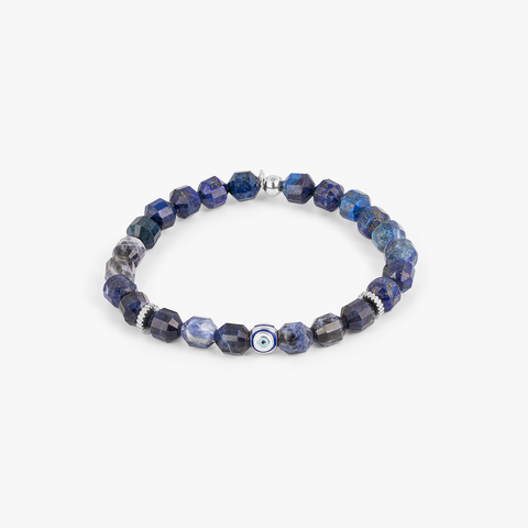 Hexade Evil Eye Bracelet In Rhodium Plated Sterling Silver With Sodalite