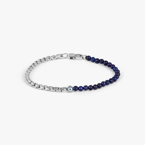 Sennit Box Evil Eye Bracelet In Rhodium Plated Sterling Silver With Lapis