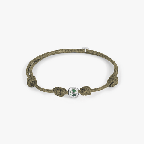 Protective Wax Cord Peace Bracelet In Rhodium Plated Sterling Silver With Green Enamel