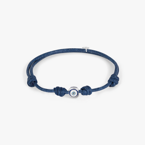 Protective Wax Cord Evil Eye Bracelet In Rhodium Plated Sterling Silver With Blue Enamel