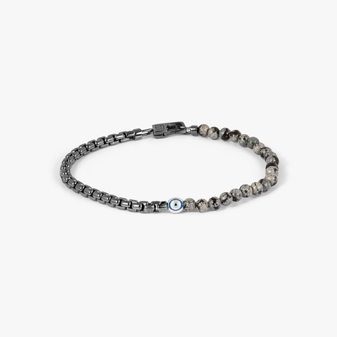 Sennit Box Evil Eye Bracelet In Rhodium Plated Sterling Silver With Snowflake Obsidian