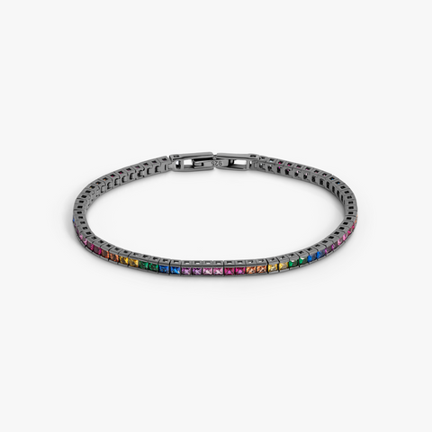 Quadro Tennis Semi-Precious Bracelet In Black Rhodium Plated Sterling Silver With Multicolour Nano Stones