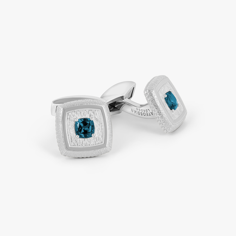 Graffiato Square Precious Cufflinks In Rhodium Plated Sterling Silver With Blue Topaz