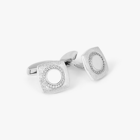 Round Square Graffiato Cufflinks In Rhodium Plated Sterling Silver With White Mother Of Pearl and White Sapphires
