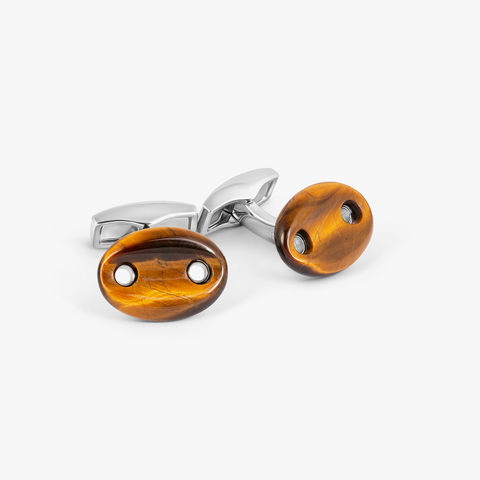 Marine Link Cufflinks In Rhodium Plated Sterling Silver With Tiger Eye