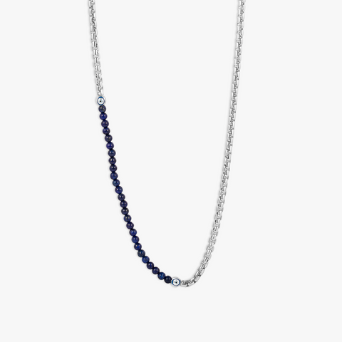 Sennit Catena Evil Eye Necklace In Rhodium Plated Sterling Silver With Lapis