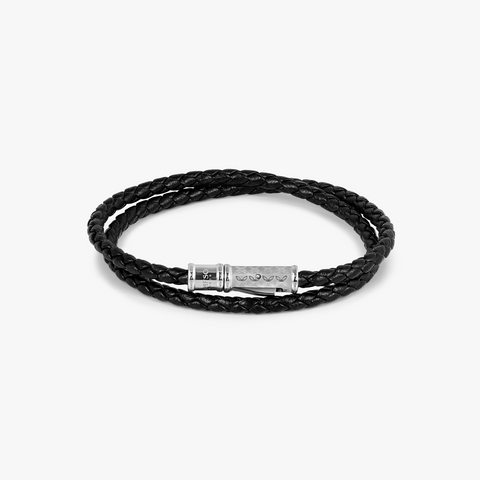 THOMPSON Lucky Clover Double Wrap Bracelet In Black Leather