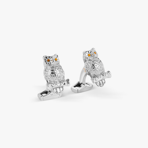 THOMPSON Owl Cufflinks In Palladium plated Base Metal With Orange Crystal