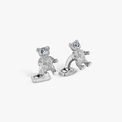 THOMPSON Teddy Bear Cufflinks In Palladium plated Base Metal With Blue Crystal