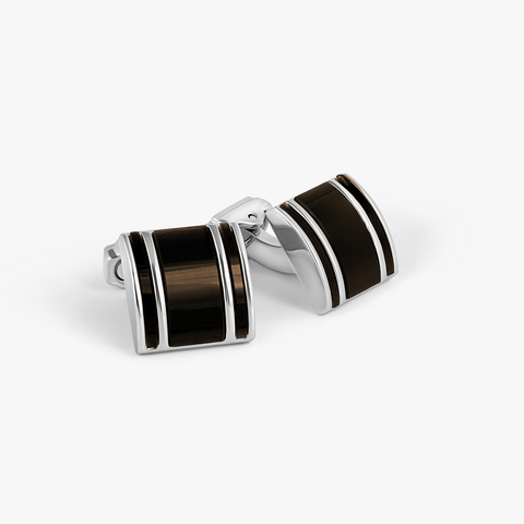THOMPSON D-Shape Semi-Precious Cufflinks In White Bronze plated Base Metal With Onyx