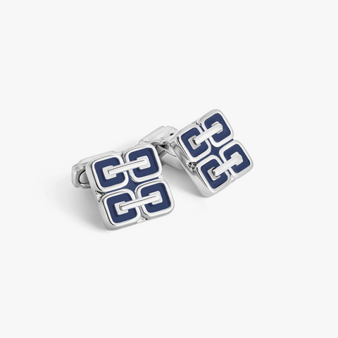 Thompson Duo Square Links Cufflink In Palladium Plated with Navy Enamel