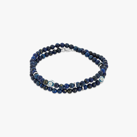 Doppelt gewickeltes Evil Eye-Armband aus rhodiniertem Sterlingsilber mit Lapis