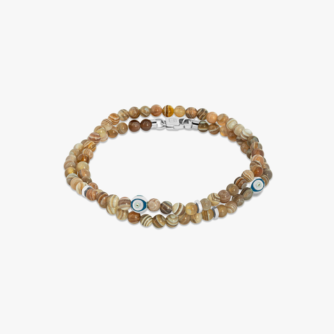 Doppelt gewickeltes Evil Eye-Armband aus rhodiniertem Sterlingsilber mit Achat