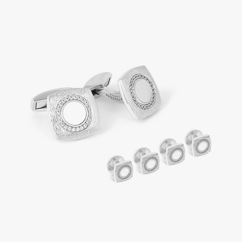 Round Grafiatto Square Cufflinks & Shirt Studs In Sterling Silver With White Mop