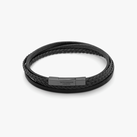 Fettuccine Multi-Strand Armband aus italienischem schwarzem Leder mit schwarz rhodiniertem Sterlingsilber
