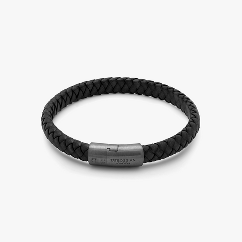 Cobra Sontuoso Armband aus italienischem schwarzem Leder mit schwarz rhodiniertem Sterlingsilber