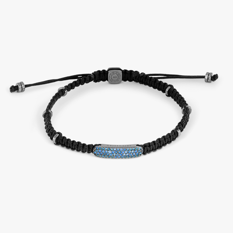 Baton-Armband mit Saphir in schwarzem Makramee und schwarz rhodiniertem Sterlingsilber