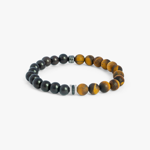 Rhodiniertes Sterlingsilber-Tigerauge-Zahnrad-Trio-Armband