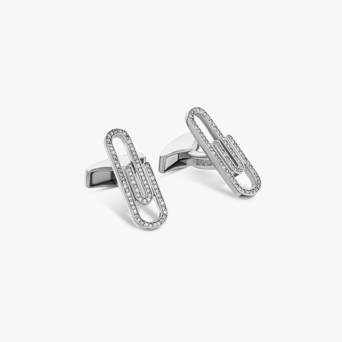 Büroklammer-Manschettenknöpfe mit weißem Diamant in Sterlingsilber
