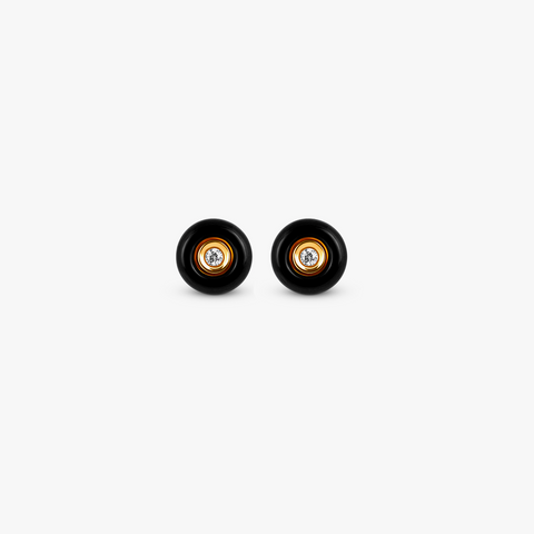 Round Diamond Stud Earrings in 18K Rose Gold with Black Enamel