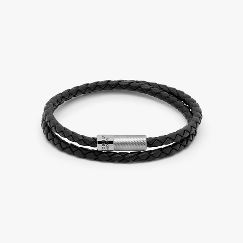 Pop Rigato Armband aus doppelt gewickeltem italienischem schwarzem Leder mit Sterlingsilber