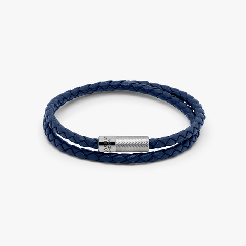 Pop Rigato Armband aus doppelt gewickeltem italienischem marineblauem Leder mit Sterlingsilber