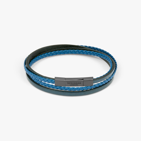 Fettuccine Multi-Strand Armband aus italienischem marineblauem Leder mit schwarz rhodiniertem Sterlingsilber