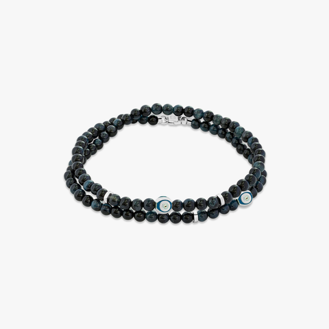 Doppelt gewickeltes Evil Eye-Armband aus rhodiniertem Sterlingsilber mit Tigerauge