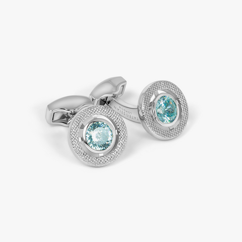 Halo Round CZ Cufflinks With Aquamarine & Rhodium Plated