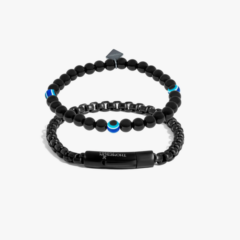 THOMPSON Schwarzes Evil Eye Duo-Armband aus Edelstahl